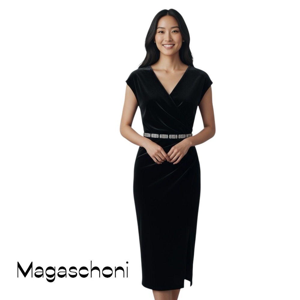 Magaschoni Black Velvet Beaded Dress Size 10